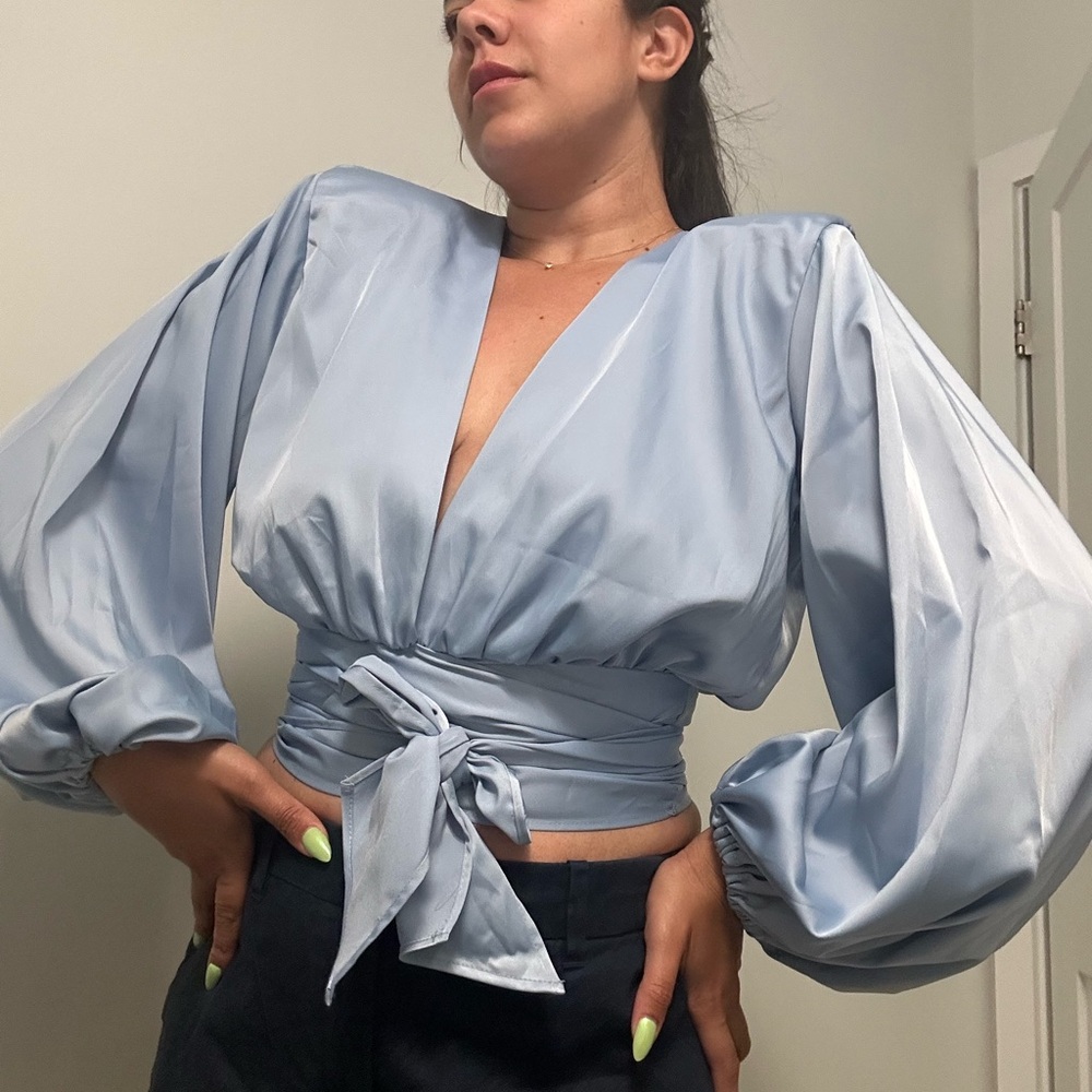 Elegant Blue Wrap Top